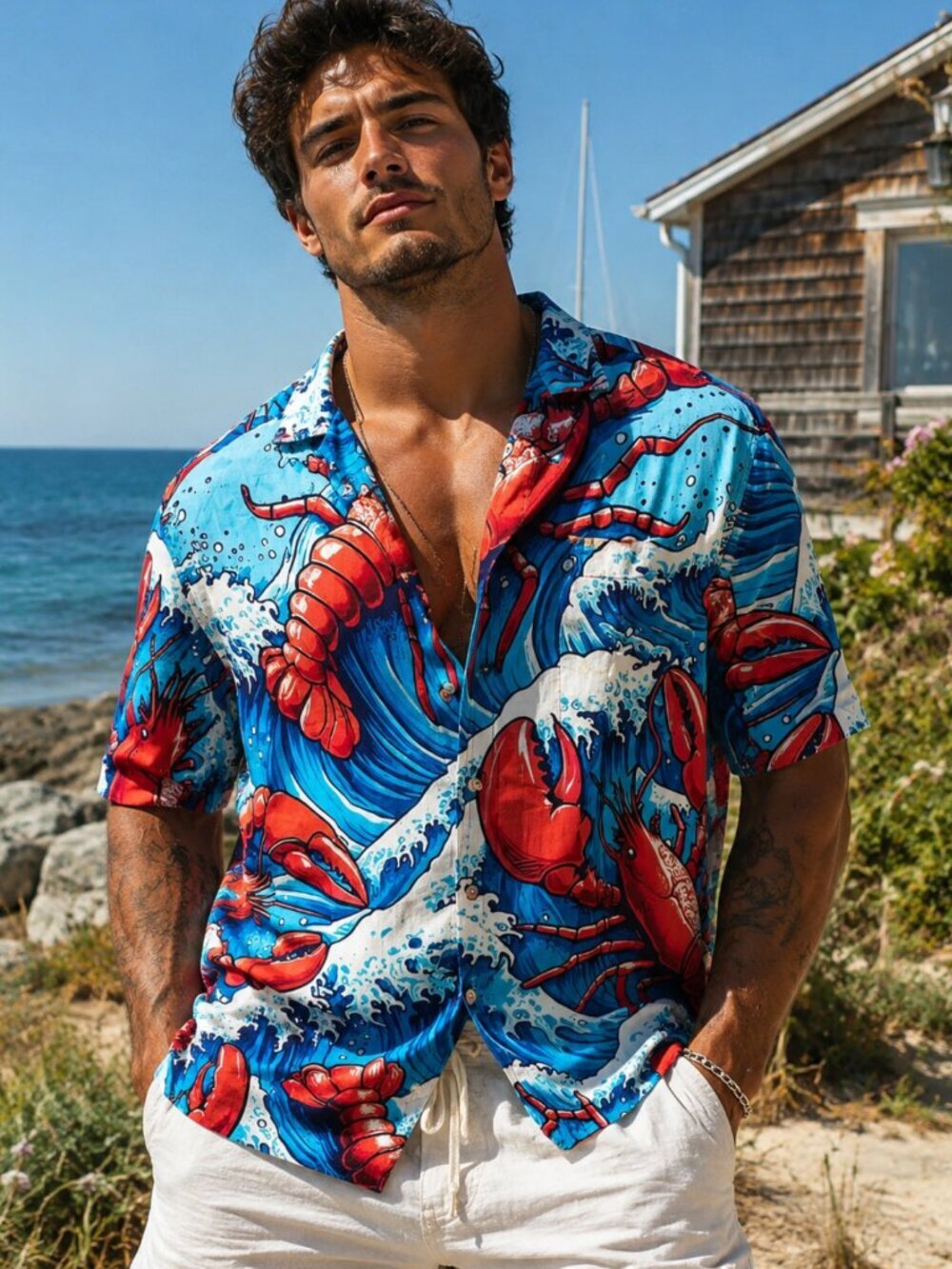 Lobster Cotton Mens Button Down Bowling Shirt Size 3X 3XL Hawaiian Aloha Red